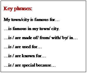 文本框: Key phrases: My town/city is famous for…  …is famous in my town/ city. …is / are made of/ from/ with/ by/ in… …is / are used for… …is / are known for… …is / are special because… 