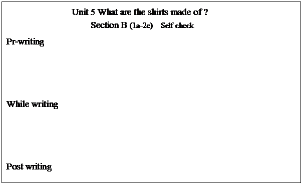 文本框: Unit 5 What are the shirts made of ? Section B (1a-2e)  Self check Pr-writing                                                           While writing Post writing 